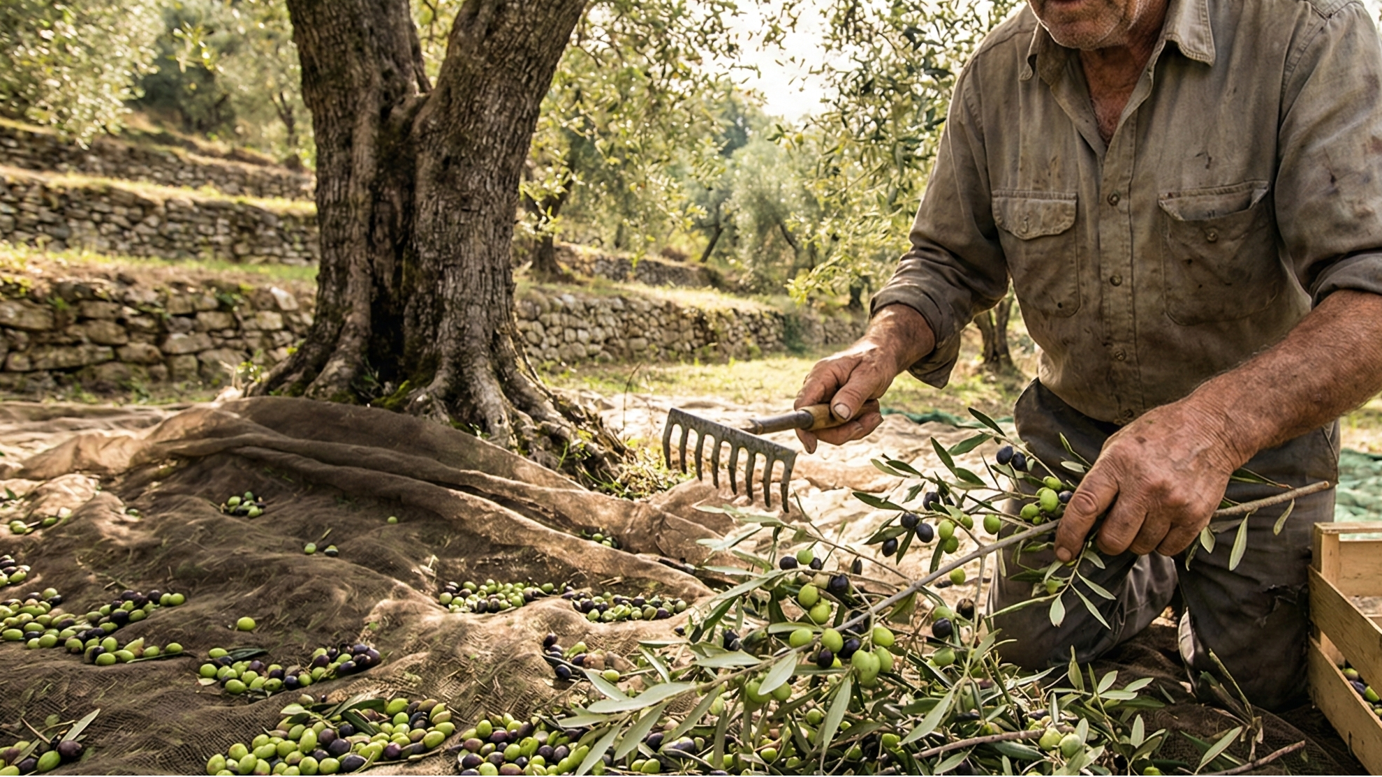 Man harvesting olives in an olive grove with a wooden crate and tools.
